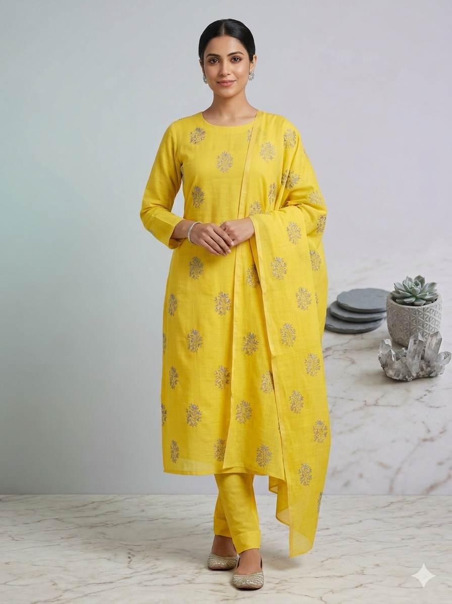Greenish Yellow Chanderi Silk with Grey thread and seq Motifs Fabric