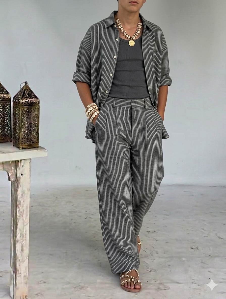 Dark Grey base With white pinstripe Premium Cotton Linen Fabric