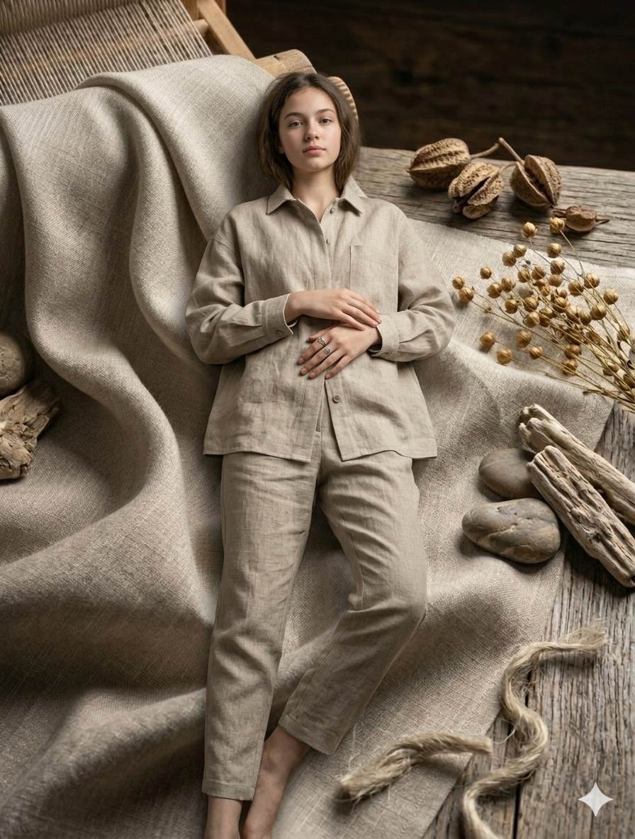 Beige Melange with off White texture Cotton Linen