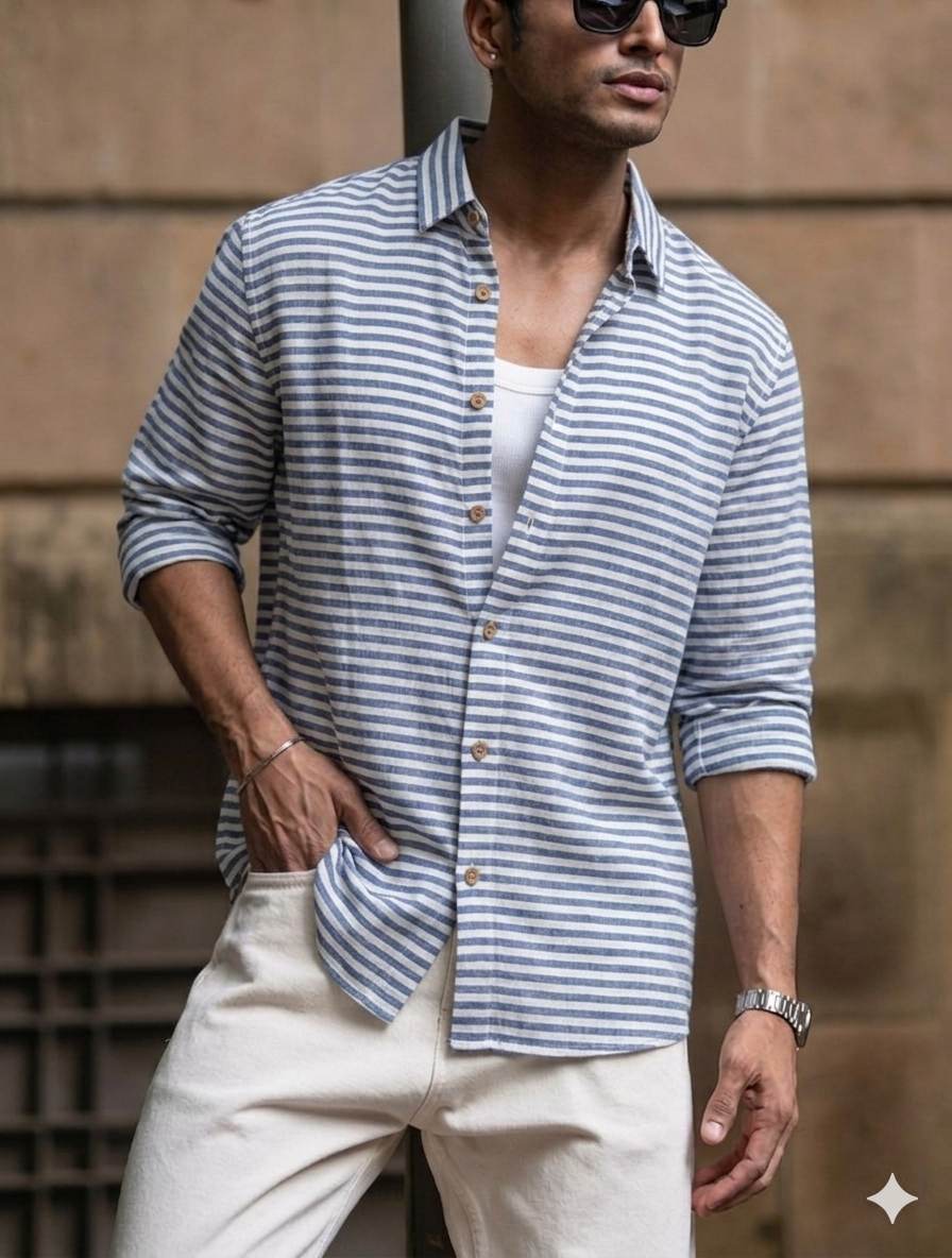 Italian Premium Pure cotton Linen – Classic Blue & White Nautical Stripe Fabric