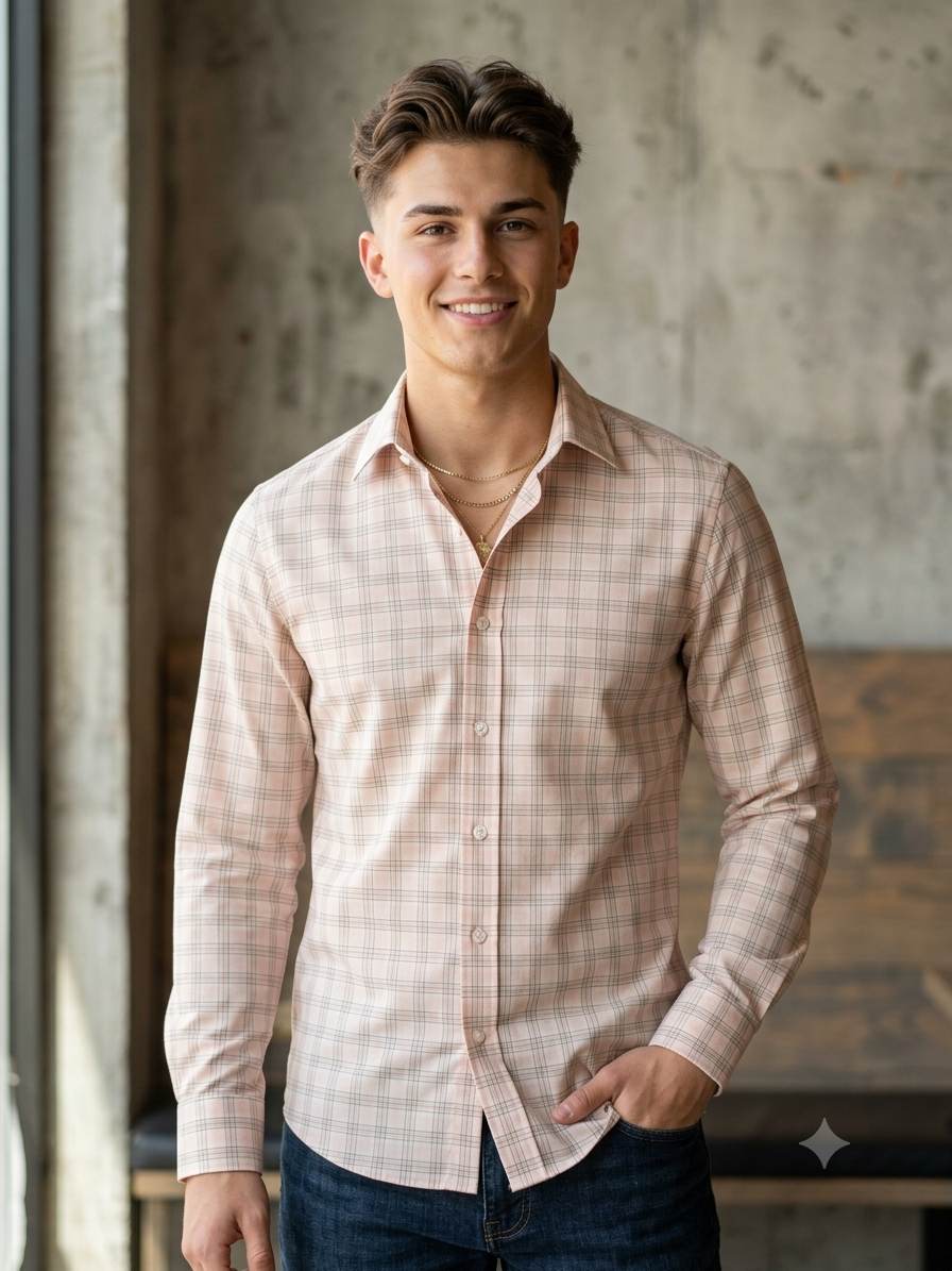 Light Peach base check Pattern "La Italia"Cotton Linen Fabric