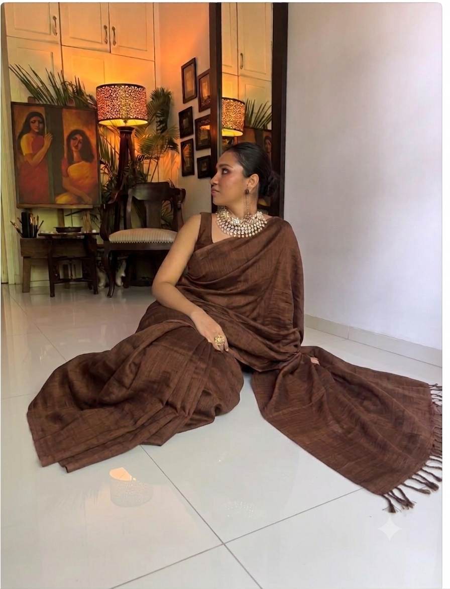 Premium Chocolate Brown Mul Chanderi Fabric( Big Width)