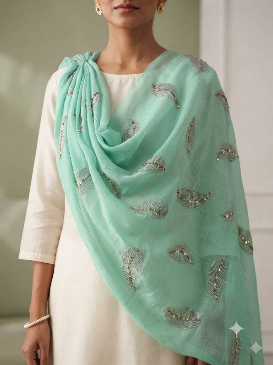 Lighter Sea Foam chanderi Fabric with white Leaf & Golden Sequence Motif Embroidery