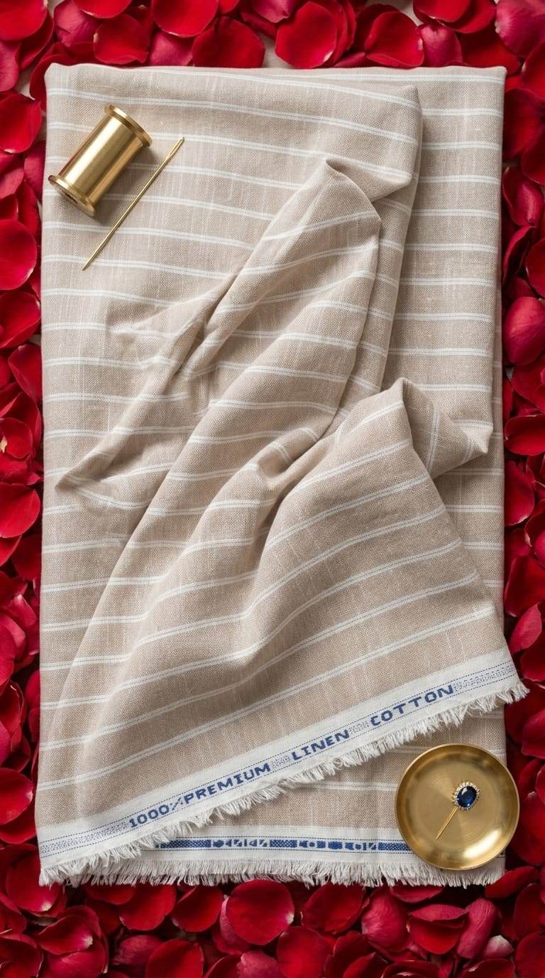 Natural Beige & White Striped Cotton-Linen 60 Lea Fabric