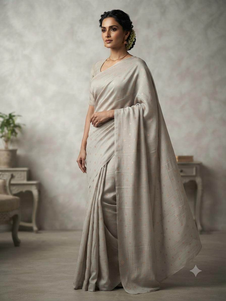 Elegant Grey Woven Golden Motif butti Ensemble Chanderi Fabric