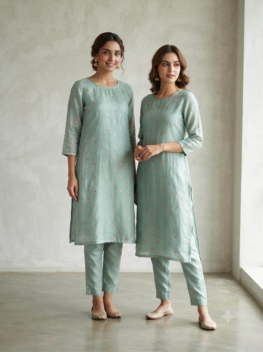 Sage Green Woven Golden Motif butti Ensemble chanderi Fabric