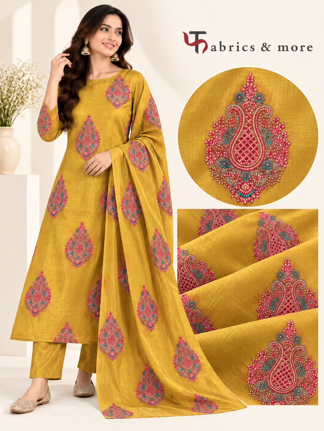 Kashmiri Butta Embroidered Chanderi Fabric Musterd yellow Gold