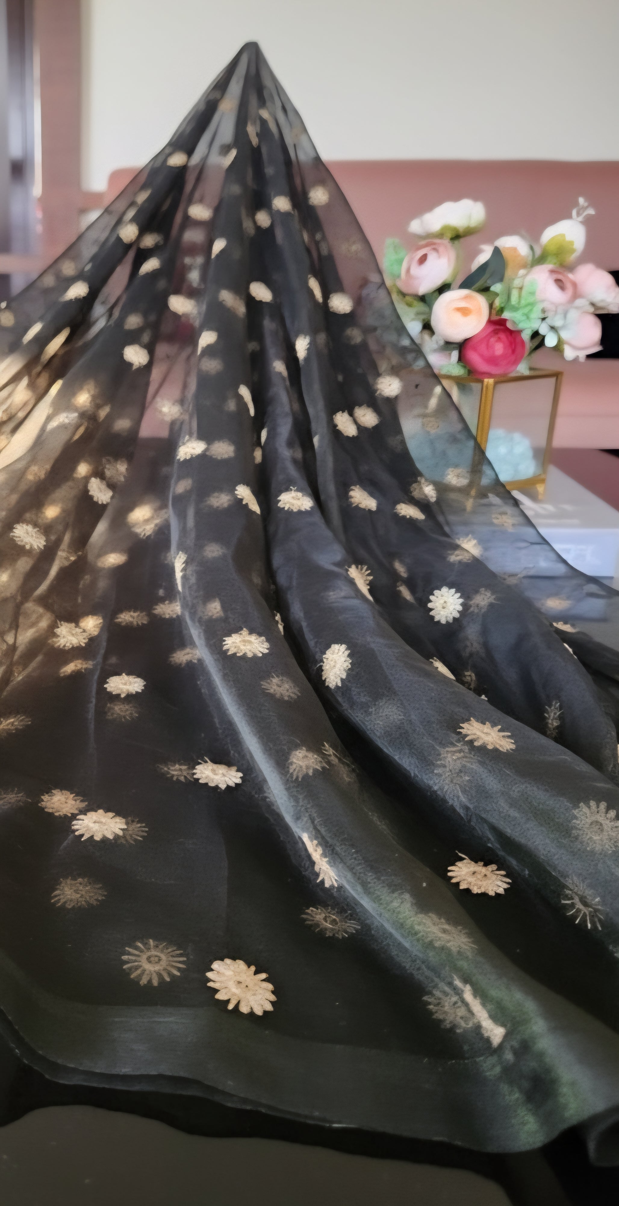 Mehandi Green Blooming Organza Fabric with Golden  Embroidered Sequence Butti