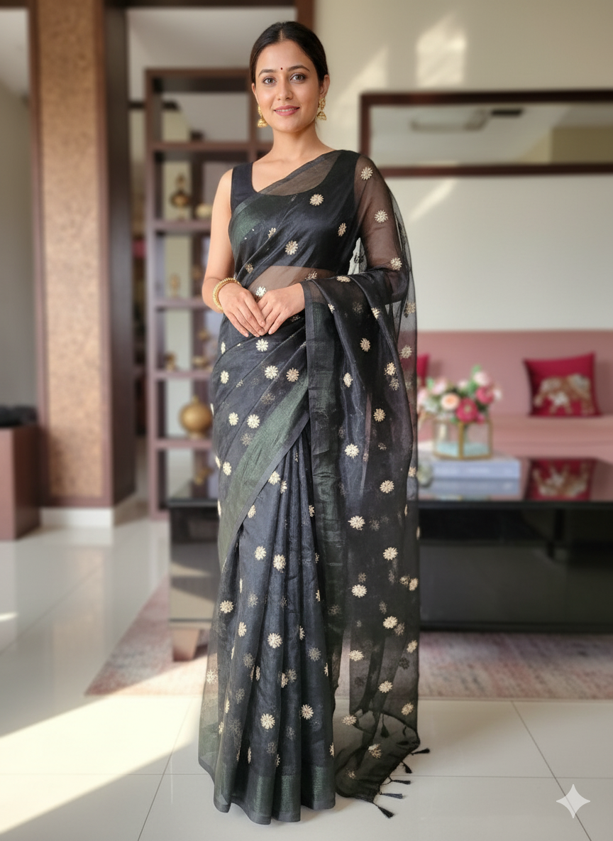 Mehandi Green Blooming Organza Fabric with Golden  Embroidered Sequence Butti