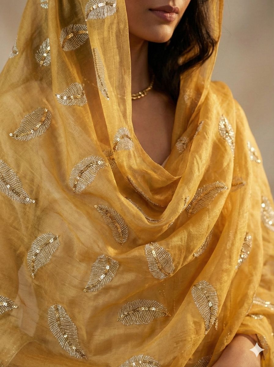 Yellow chanderi Fabric with white Leaf & Golden Sequence Motif Embroidery