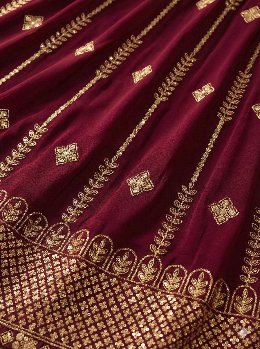 Mahroon Georgette Stiched suit with Sequence and jari work Size XXL, XL, L