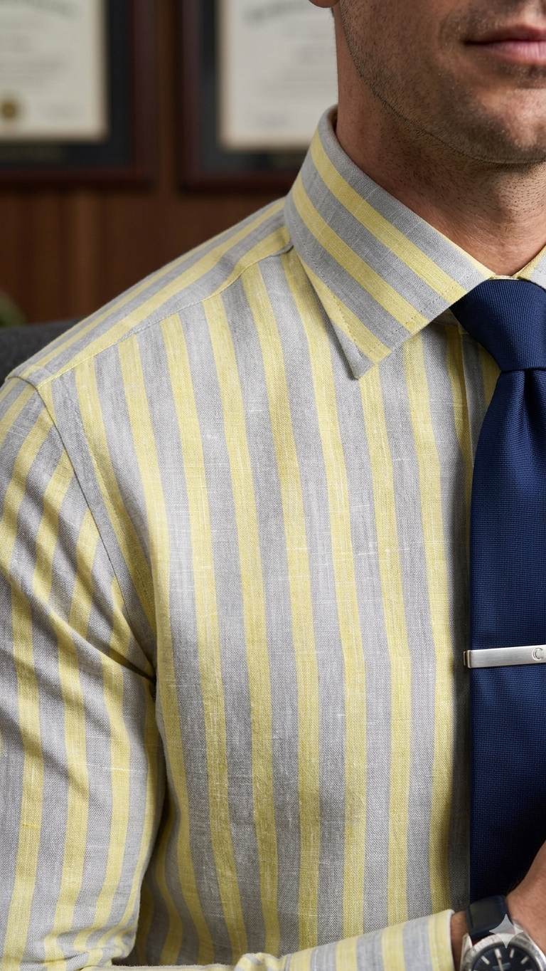 Lemon yellow and Slate Grey Striped 100% Pure Linen (No Cotton)