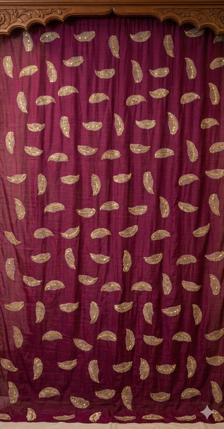DarkMagenta Pink ( Rani) colour chanderi Fabric with White Leaf & Golden Sequence Motif Embroidery