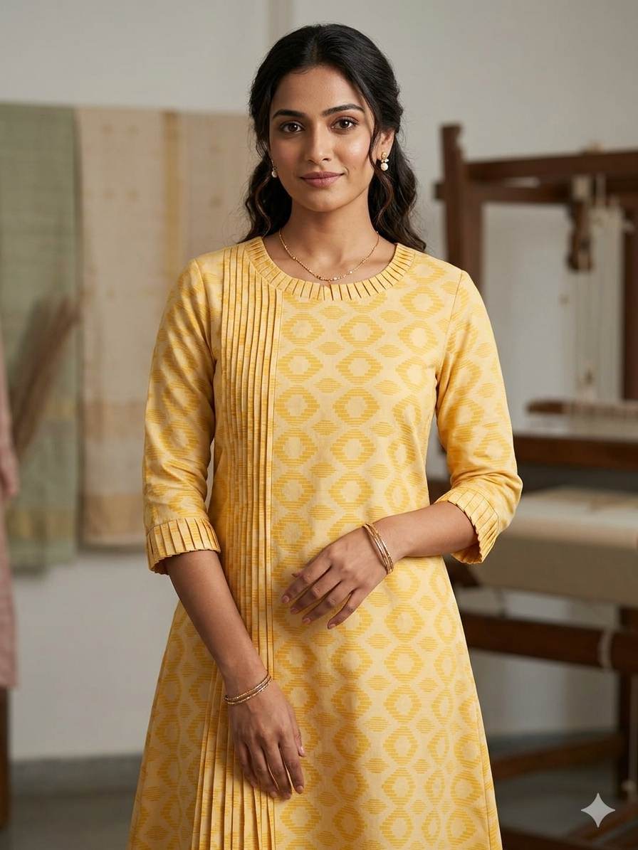 Yellow with cream ikat style jacquard pure cotton fabric