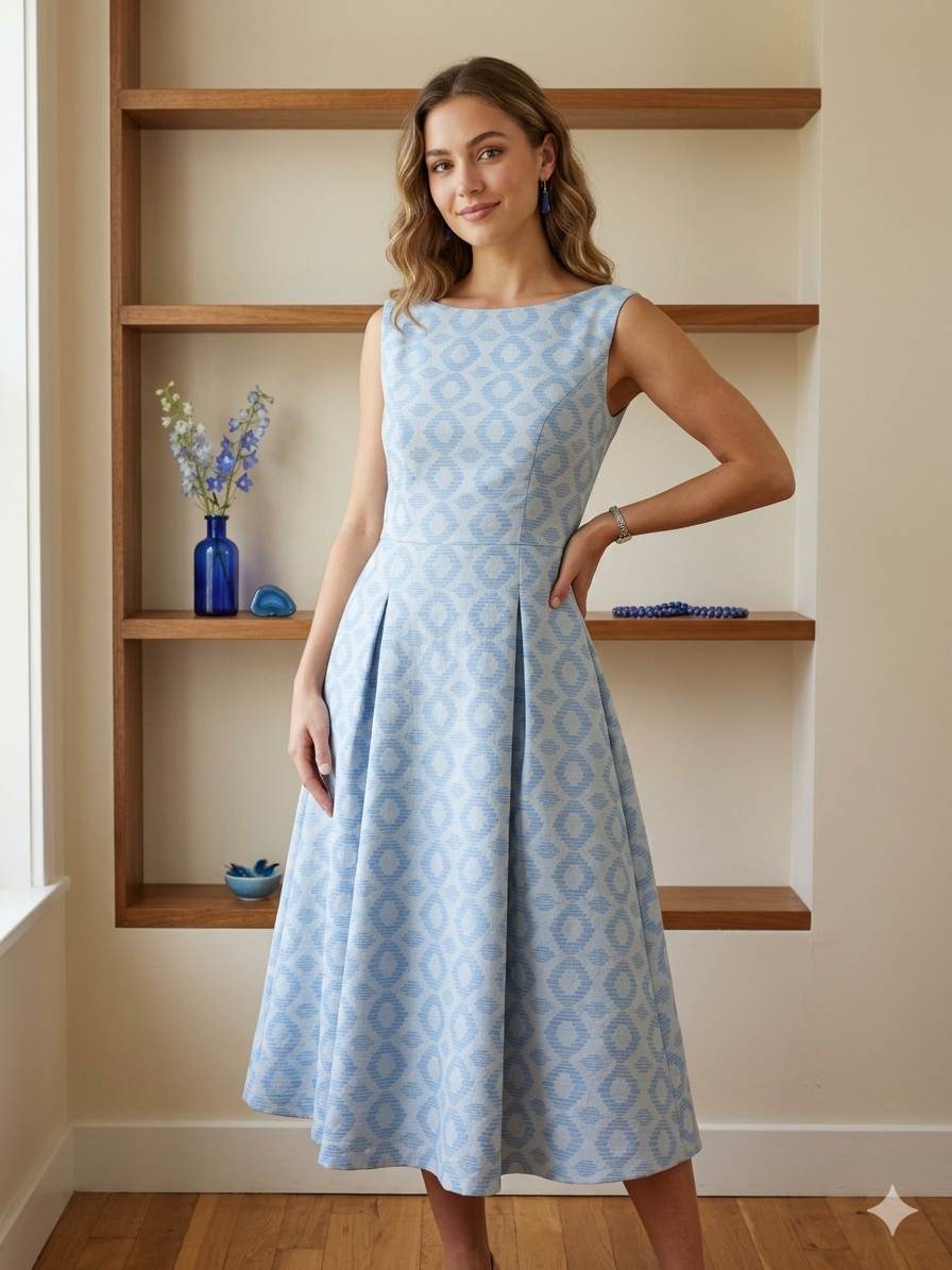 Blue with Blueish white ikat style jacquard pure cotton fabric