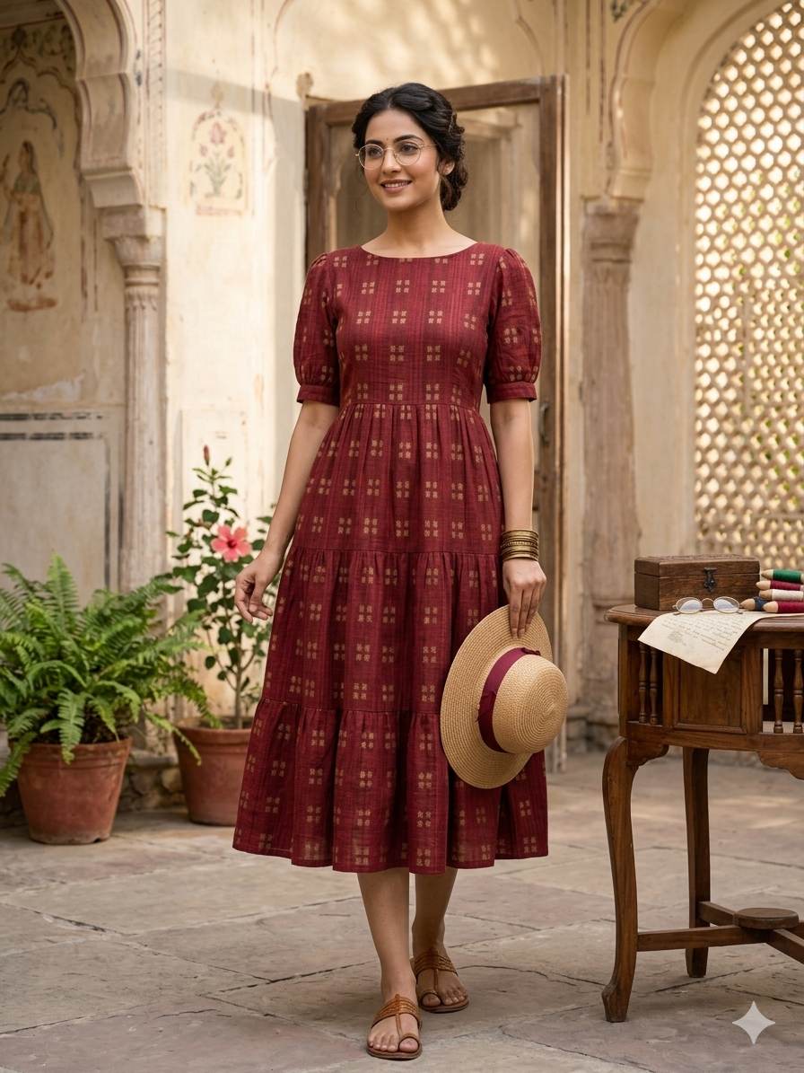 Blood Red with Windopane Blocks Motif jacquard pure cotton fabric