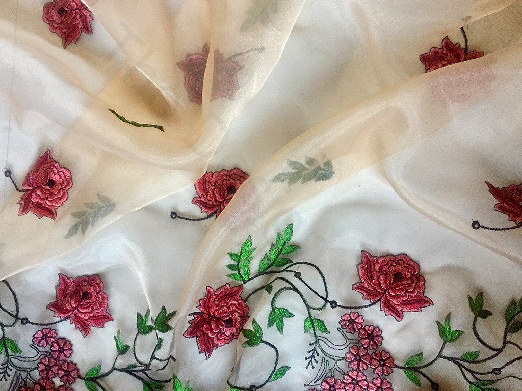 Off White Flower Design 1 Embroidered Organza Fabric