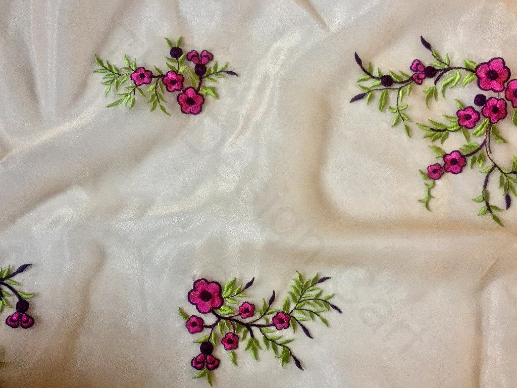 Off White Flower Embroidered Organza Fabric