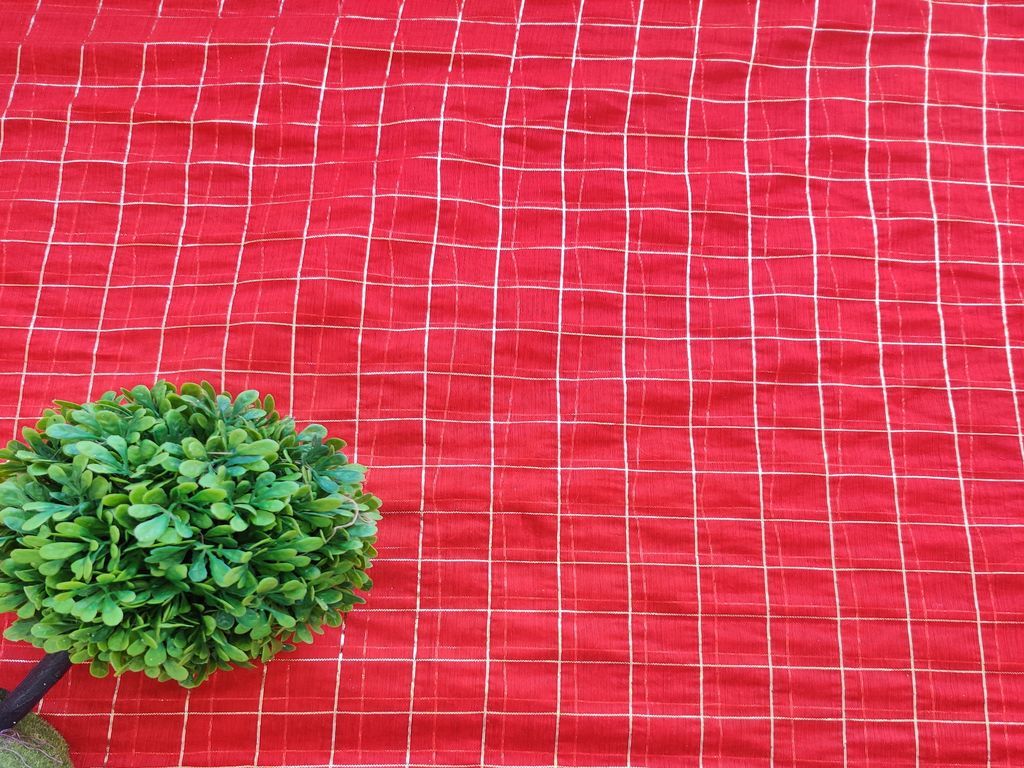 Red Golden Checks Chanderi Fabric