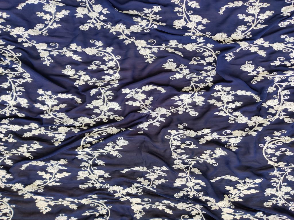 Navy Blue White Floral Chikankari Embroidered Georgette Fabric