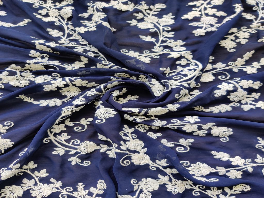 Navy Blue White Floral Chikankari Embroidered Georgette Fabric