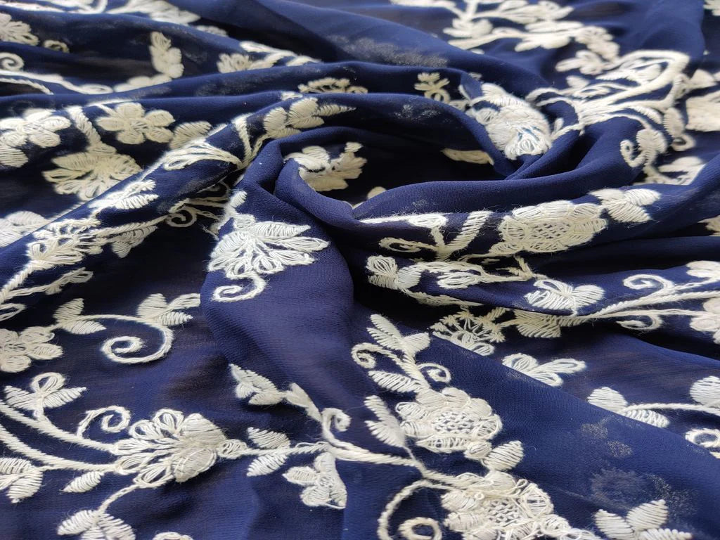 Navy Blue White Floral Chikankari Embroidered Georgette Fabric