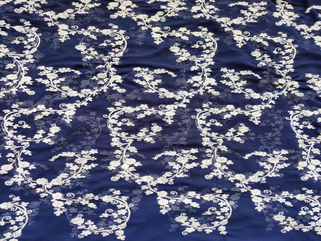 Navy Blue White Floral Chikankari Embroidered Georgette Fabric