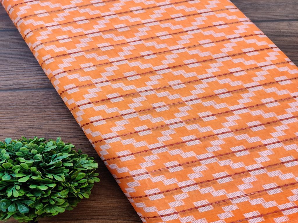 Light Orange Geometric Self Patterned Ikkat Cotton Fabric