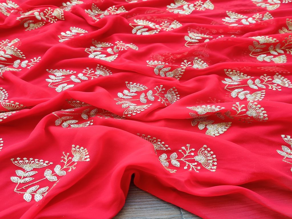 Red Golden Sequins & Zari Floral Motifs Embroidered Georgette Fabric