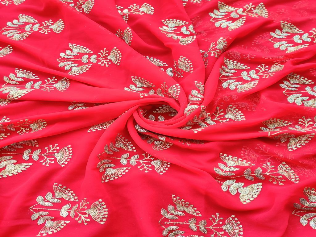 Red Golden Sequins & Zari Floral Motifs Embroidered Georgette Fabric