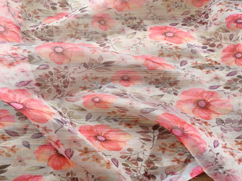 White Pink Flowers Printed Organza Fabric