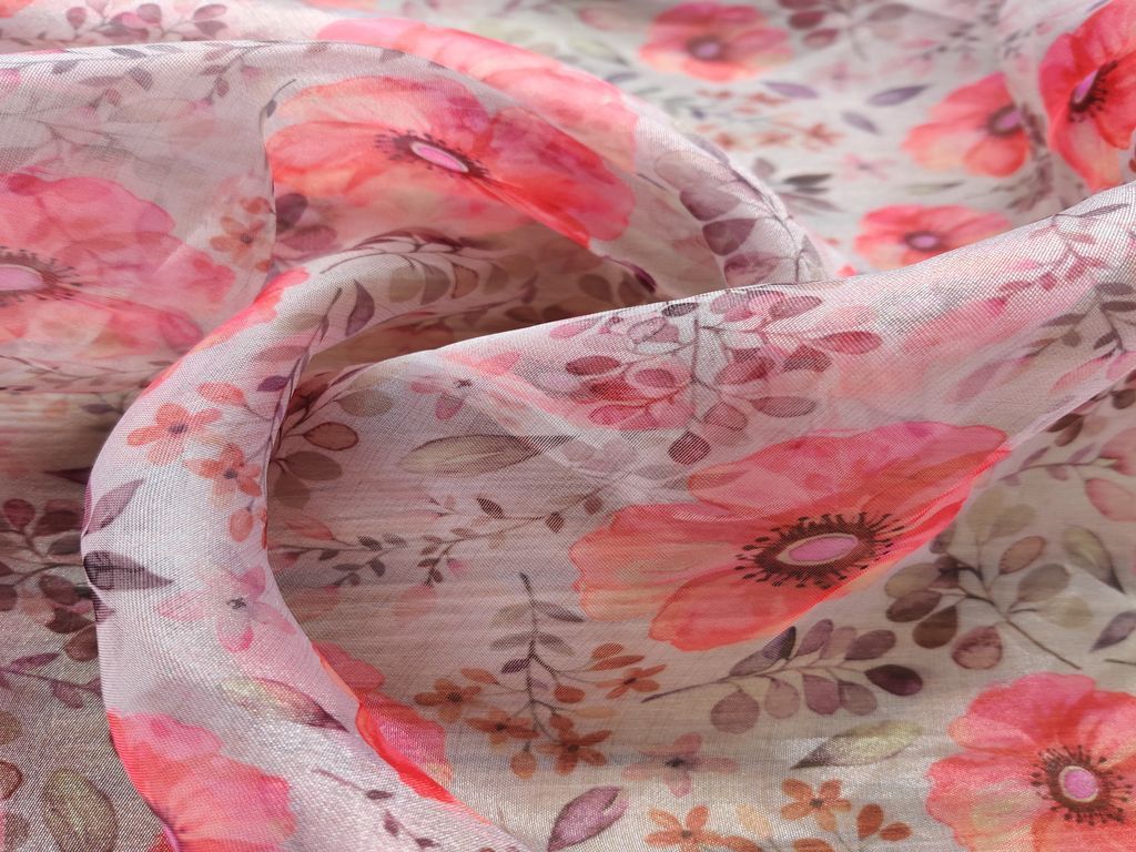 White Pink Flowers Printed Organza Fabric