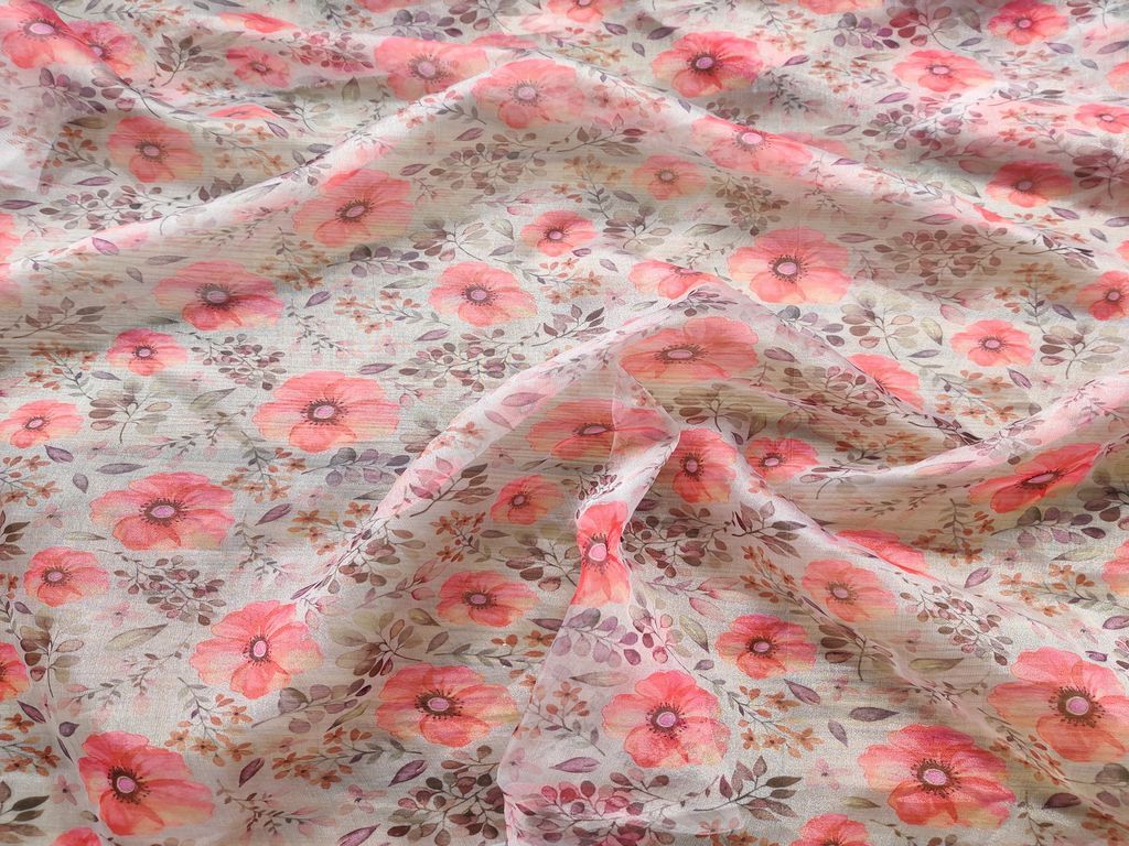 White Pink Flowers Printed Organza Fabric