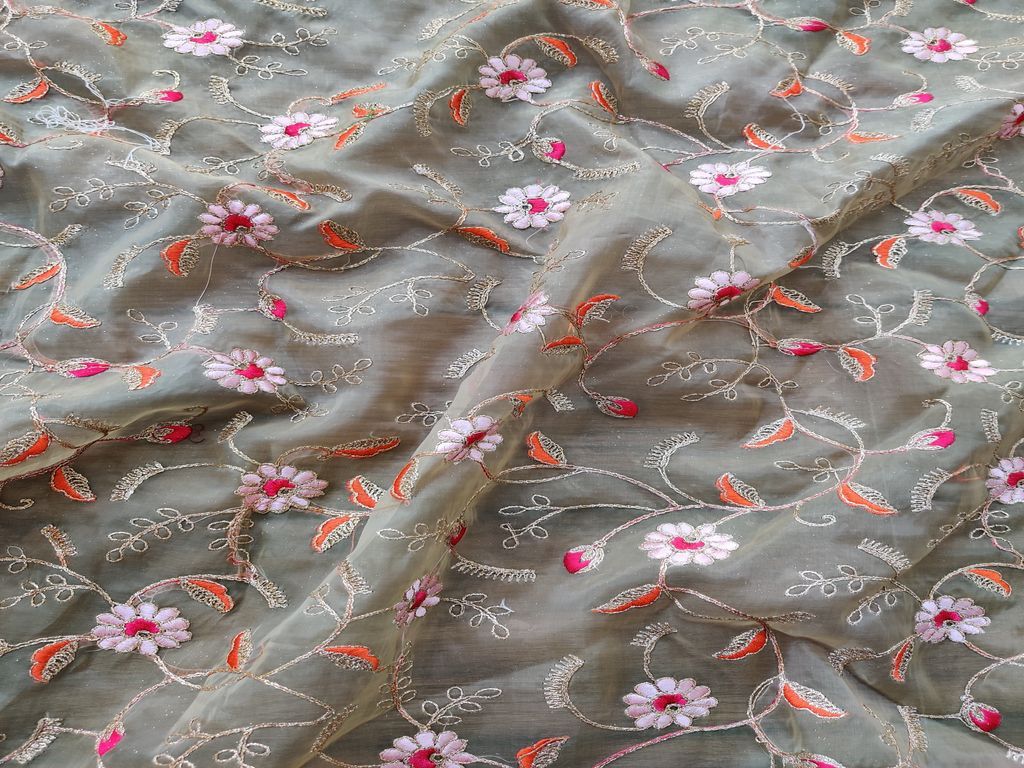 Cream Pink Orange Flowers Embroidered Organza Fabric