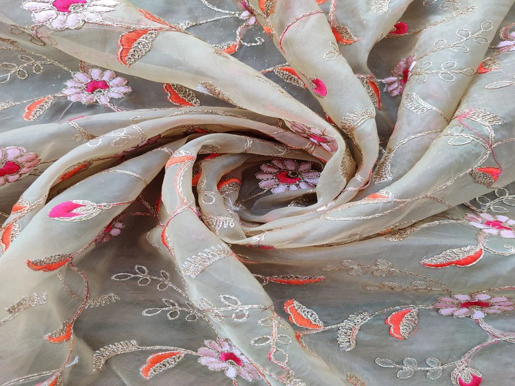 Cream Pink Orange Flowers Embroidered Organza Fabric