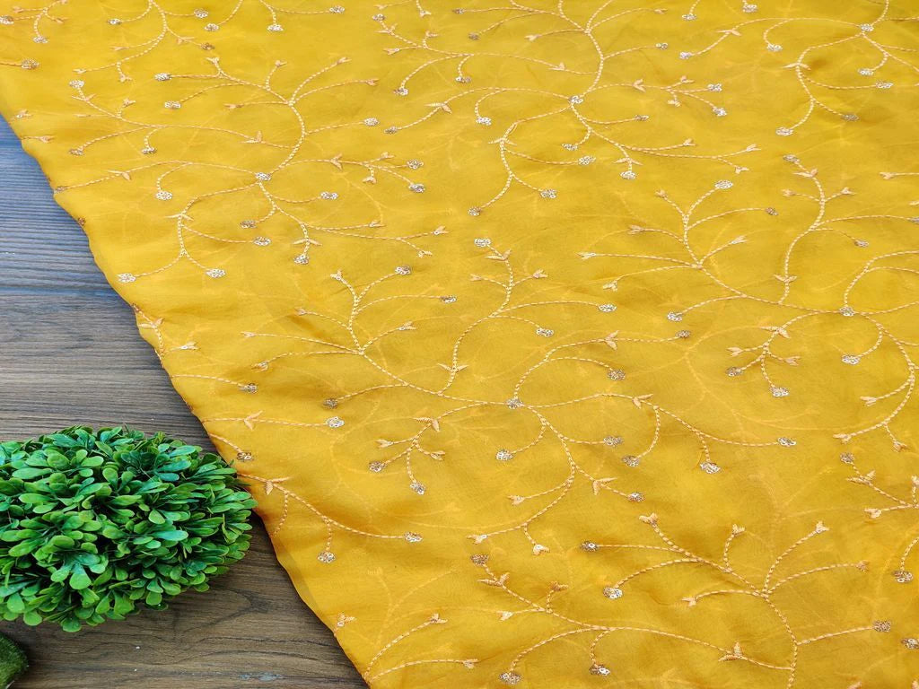 Yellow Floral Embroidered Organza Silk Fabric