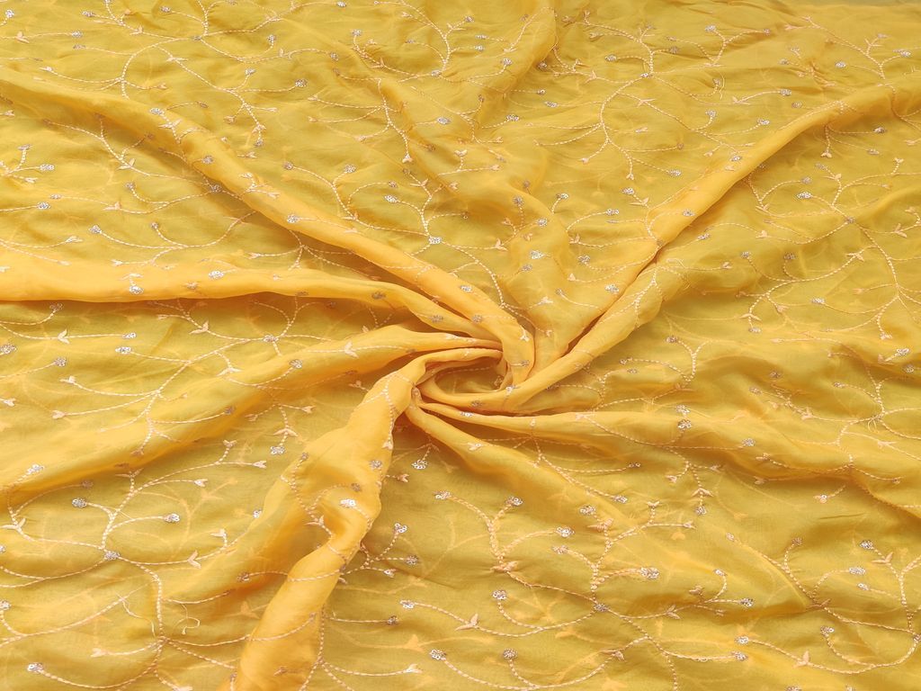 Yellow Floral Embroidered Organza Silk Fabric