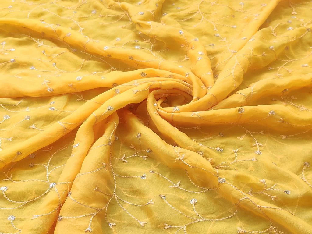 Yellow Floral Embroidered Organza Silk Fabric