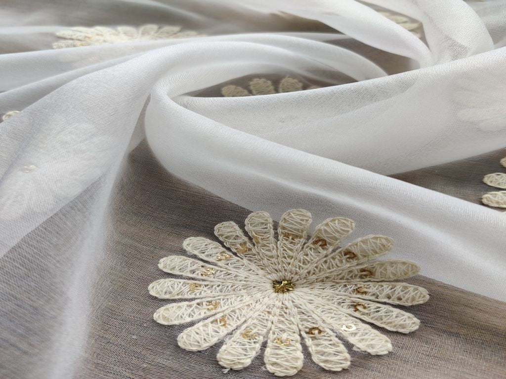 White Floral Motifs Embroidered Dyeable Organza Fabric