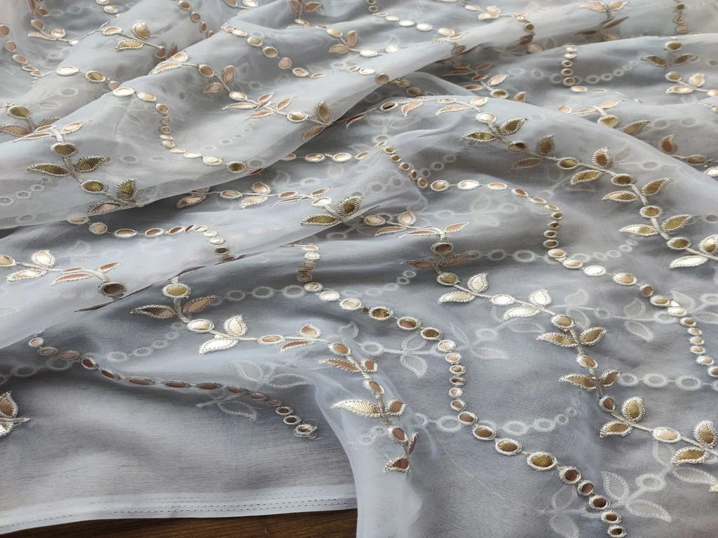 White Golden Floral Gota Patti Embroidered Organza Fabric