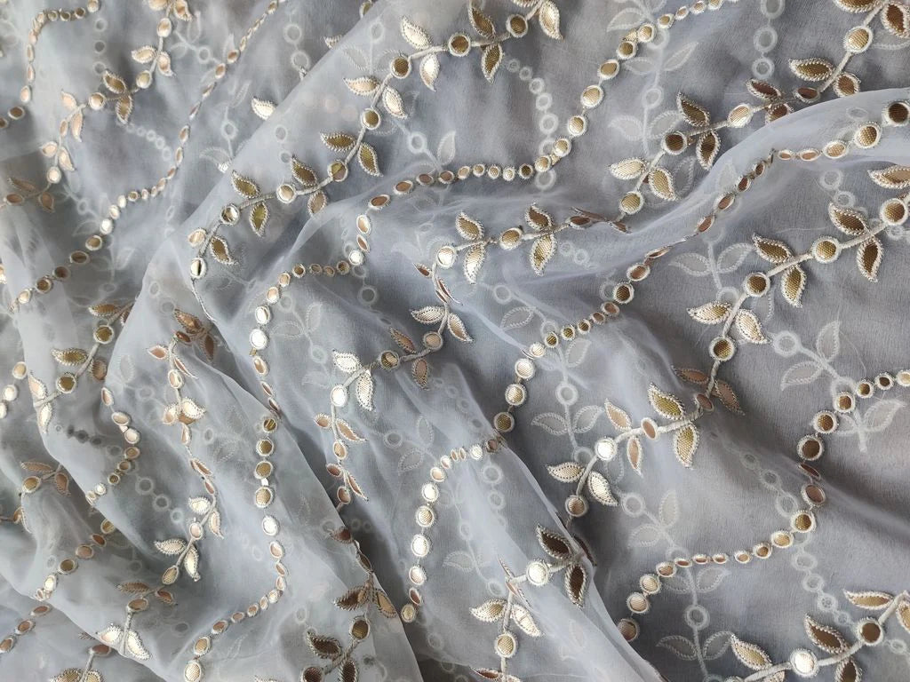 White Golden Floral Gota Patti Embroidered Organza Fabric