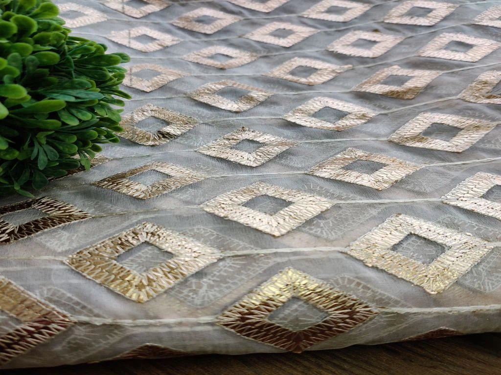 White Rose Golden Geometric Gota Patti Embroidered Organza Fabric
