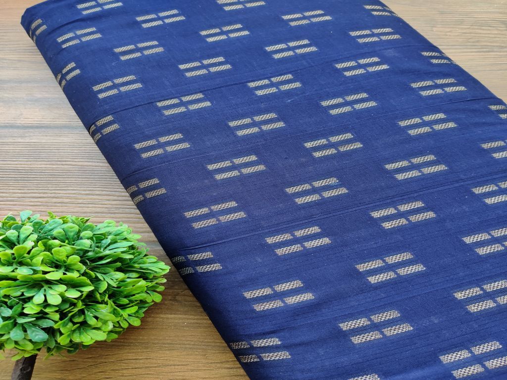 Royal Blue Golden Geometric Self Pattern Ikat Cotton Fabric
