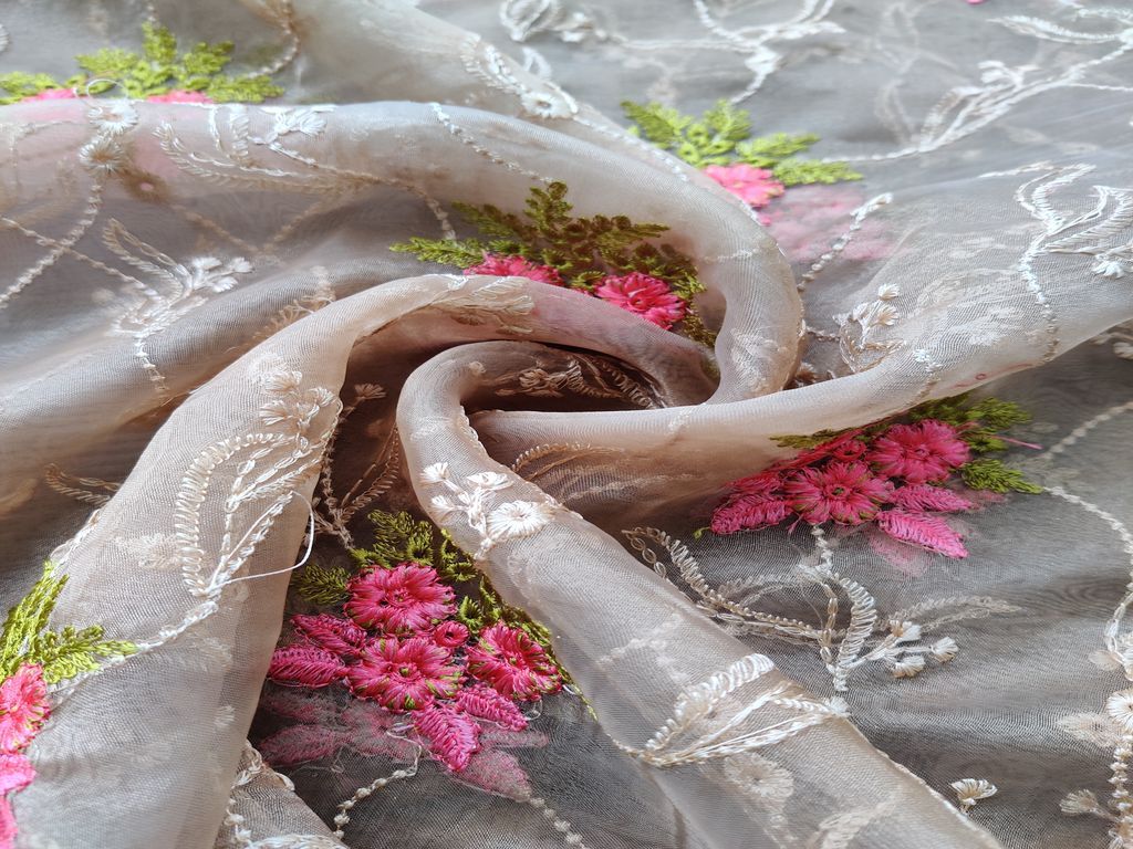Beige Multicolour Floral Embroidered Organza Fabric