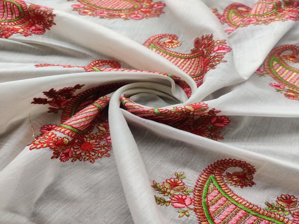 White Red Paisleys Kashmiri Embroidered Motifs Chanderi Silk Fabric