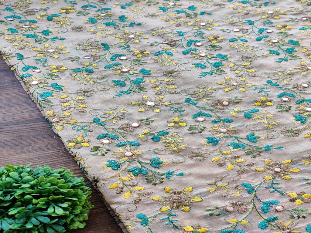 Beige Multicolour Flowers Mirror Work Embroidered Chanderi Fabric