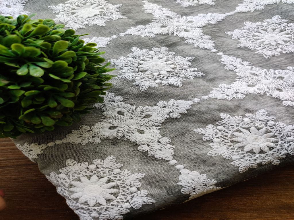 Gray White Chikankari Embroidered Chanderi Fabric