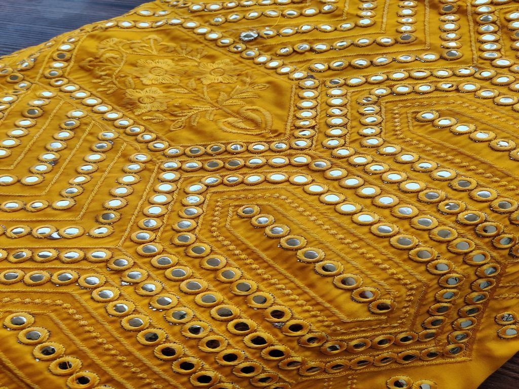 Mustard Silver Geometric Mirror Work Embroidered Satin Fabric