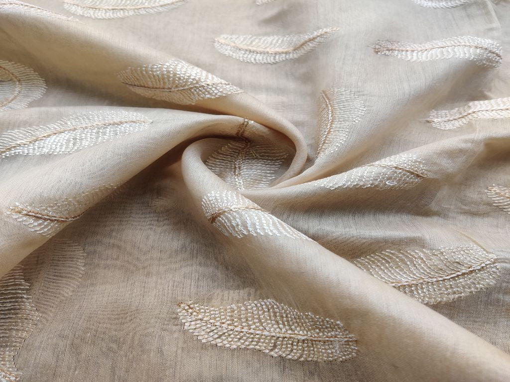 Beige Leaf Motifs Embroidered Chanderi Fabric
