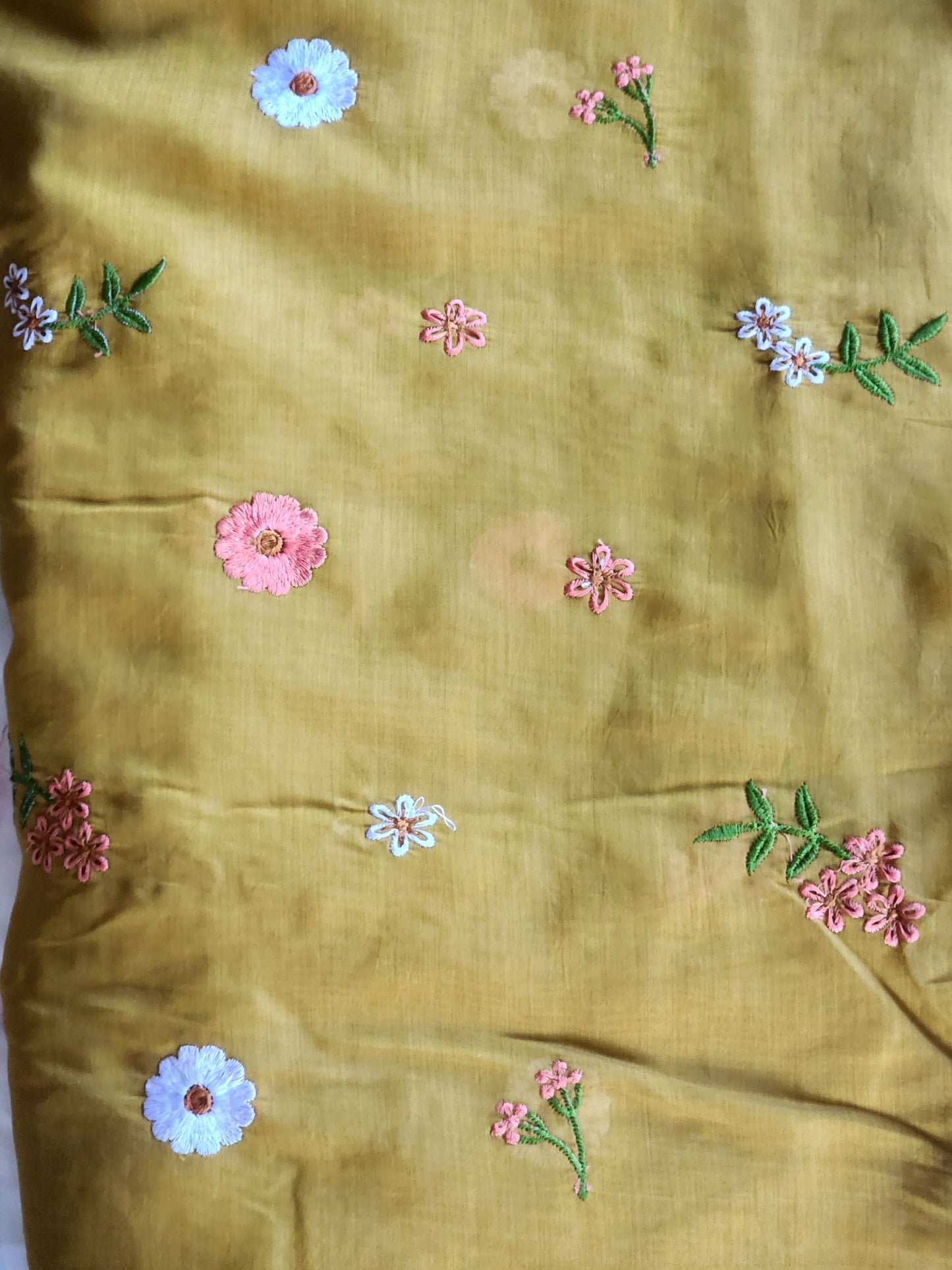 Mustard Gold Floral Embroiderd Mul Chanderi Fabric